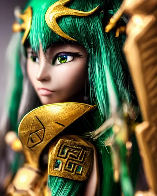 Image similar to a beautiful close up photo of a female Asian elf ranger with long hair and green eyes, no helmet, wearing green and gold futuristic mecha armor, with ornate rune carvings and glowing lining, very detailed, shot in canon 50mm f/1.2