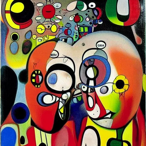 Prompt: Oil painting by Roberto Matta. Strange mechanical beings kissing. Portrait by Takashi Murakami. Joan Miro.