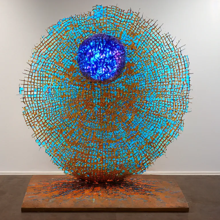 Image similar to hyperrealistic sculpture of a bronze ancient fossilized sea urchin mirror doorway with opalescent blue and iridescent red spraypaint in a plywood grid cage on a pedestal by ron mueck and duane hanson and lee bontecou, hyperrealistic dramatic colored lighting trending on artstation 8 k