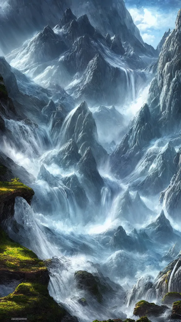 Image similar to highly detailed hd photo art of futuristic mountains and waterfall in the style of Greg Rutswoski, concept art, 8K detail post-processing