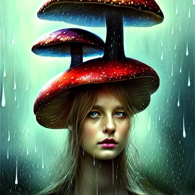 Image similar to bright portrait surreal mushrooms rain on face and wet hair, diffuse overhead lighting, fantasy, intricate, elegant, dramatic lighting, highly detailed, lifelike, photorealistic, digital painting, artstation, illustration, concept art, smooth, sharp focus, art by John Collier and Albert Aublet and Krenz Cushart and Artem Demura and Alphonse Mucha