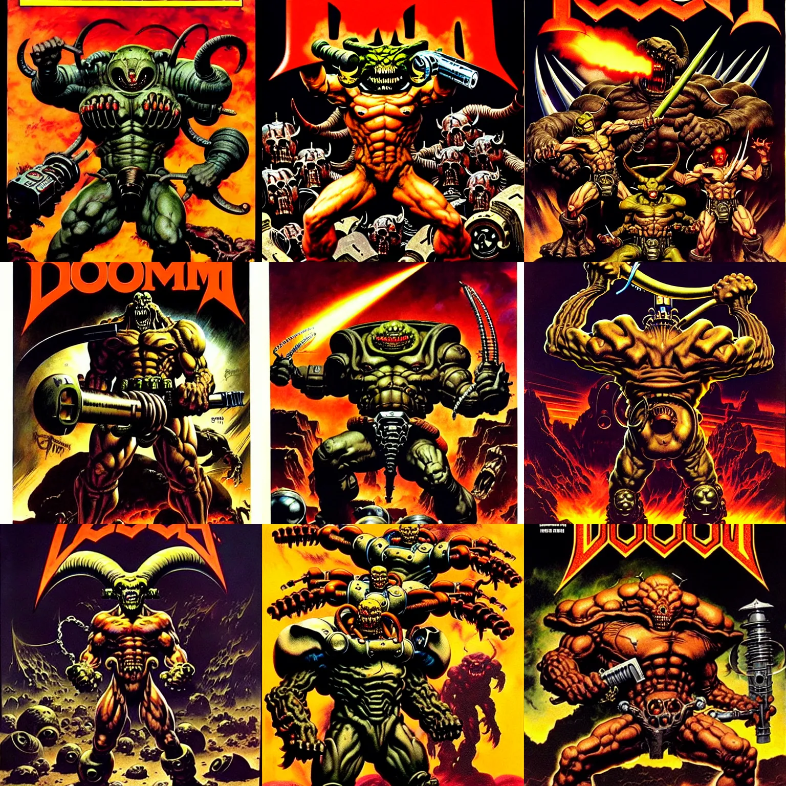 Prompt: doom ( 1 9 9 4 ) classic cyberdemon horns chaingun by frank frazetta, ken kelly, simon bisley, richard corben, robert crumb, clay wilson, spain rodriguez