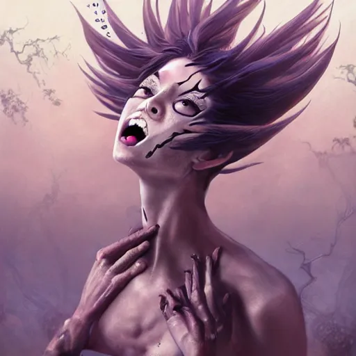 Prompt: scary godlike fairy in the anime style of Junji Ito , eating a frog violently , petite , upper body , epic , traditional makeup , gorgeous features , Post-processing , Greg rutkowski legendary matte painting , masterpiece