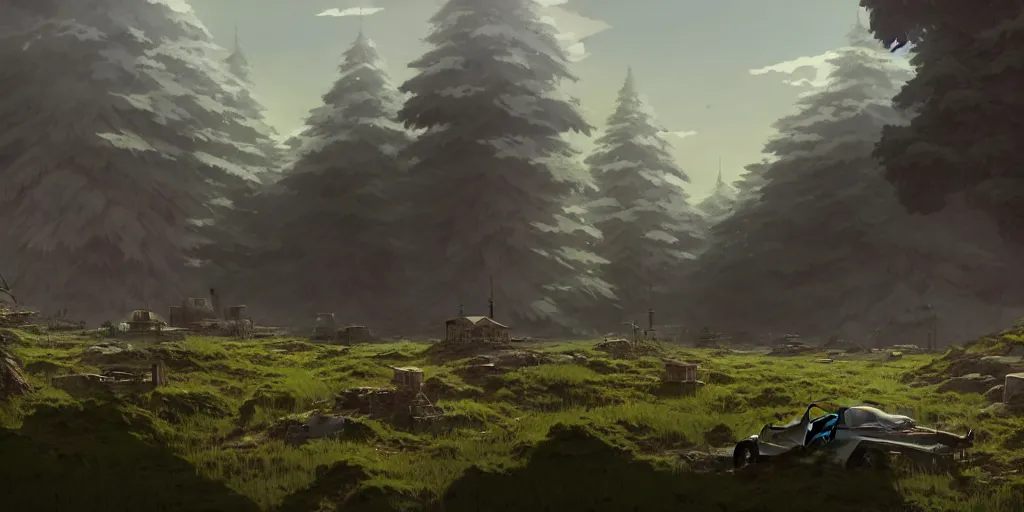 Prompt: a wholesome animation key shot of a post apocalyptic military outpost, covered by nature hipster vibes by studio ghibli, animation, sharp, rendered in unreal engine 5, focused, anime key art by greg rutkowski, bloom, dramatic lighting