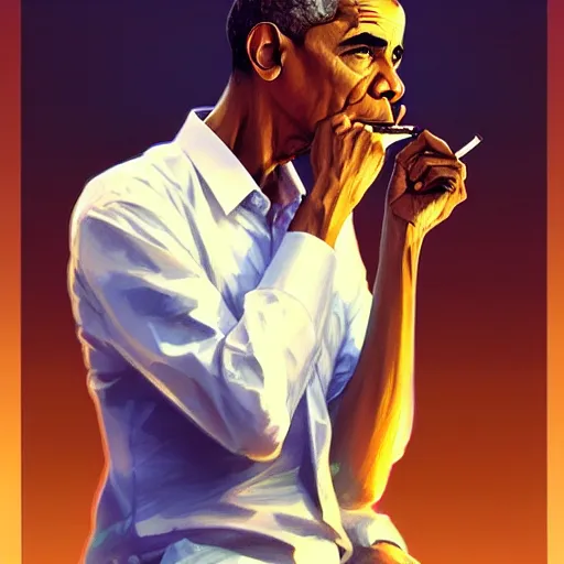 Image similar to Barrack Obama pondering nuclear destruction smoking a cigarette, highly detailed, digital painting, artstation, concept art, smooth, sharp focus, illustration, art by artgerm and greg rutkowski and alphonse mucha and loish and WLOP