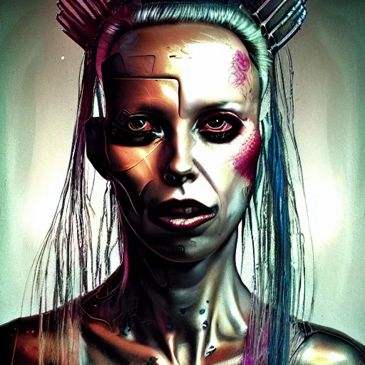 Image similar to cyberpunk portrait of Yolandi Visser against garden flower background, in the style of h.r giger, norman rockwell, highly detailed, soft lighting, 8k resolution, oil on canvas