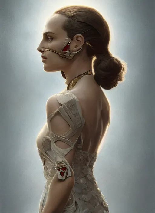 Image similar to symmetry!! natalie portman, machine parts embedded into face, intricate, elegant, highly detailed, digital painting, artstation, concept art, smooth, sharp focus, illustration, art by artgerm and greg rutkowski and alphonse mucha, 8 k