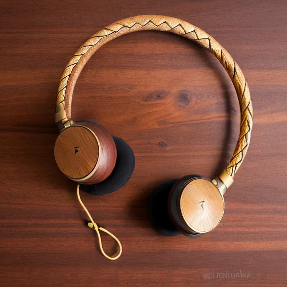 Prompt: beautiful well designed high fidelity photograph meze classics headphones, gold metal, wood cups, leather padding, braided cable, elegantly displayed on mahogany desk, modernist headphones, wood headphones hyperrealistic, audiophile, intricate hyper detail, extreme high quality, photographic, meze audio, sennheiser, hifiman