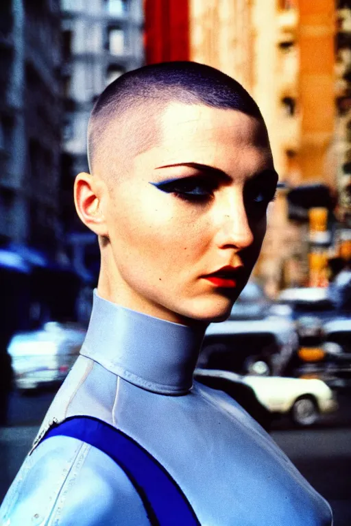 Image similar to ektachrome, 3 5 mm, highly detailed : incredibly realistic, demure, perfect features, buzz cut, beautiful three point perspective extreme closeup 3 / 4 portrait photo in style of chiaroscuro style 1 9 7 0 s frontiers in flight suit cosplay paris seinen manga street photography vogue fashion edition