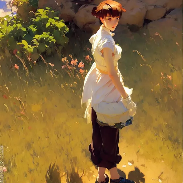 Image similar to a female character inspired by an african wild dog, short hair, basic background, krenz cushart, mucha, ghibli, by joaquin sorolla rhads leyendecker, by ohara koson