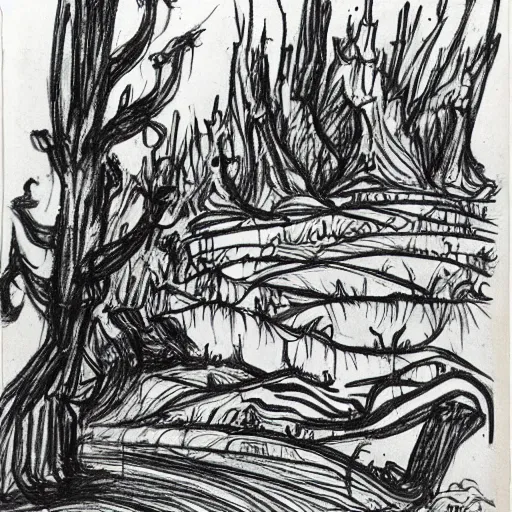 Prompt: sketch of a landscape by dr seuss | horror themed | creepy