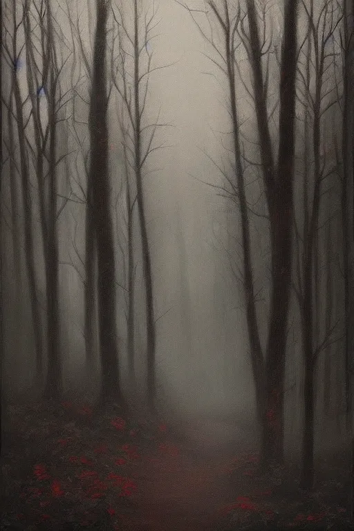 Prompt: dark and spooky woods. atmospheric, foggy, oil painting on canvas. fairytale