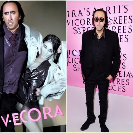 Prompt: Nicolas Cage doing a commercial for Victoria's Secret