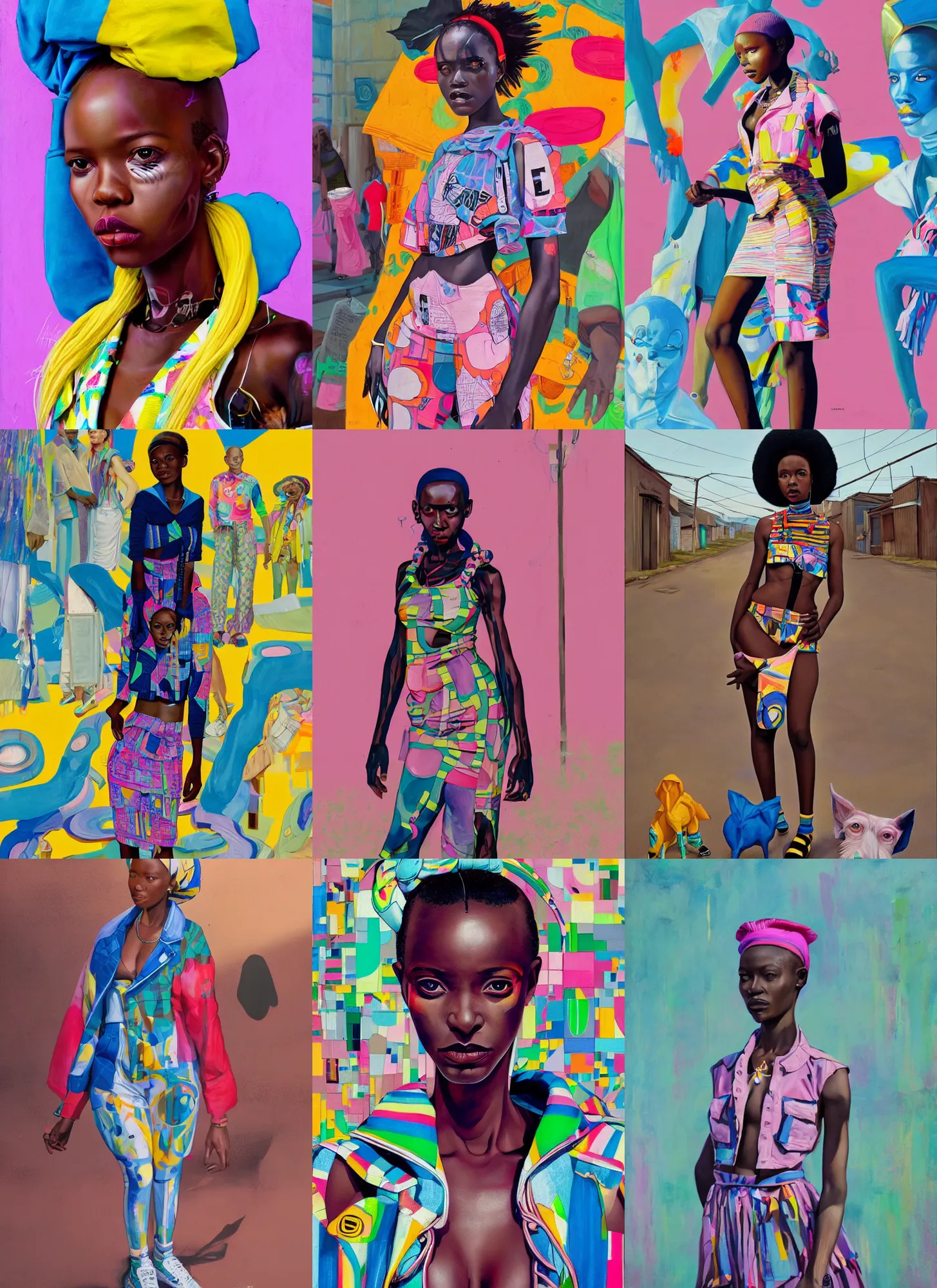 Prompt: still from music video of a cute xhosa girl from die antwoord standing in a township street, street fashion clothing,! haute couture!, full figure painting by martine johanna, njideka akunyili crosby, rossdraws, pastel color palette, 2 4 mm lens