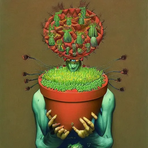 Image similar to Portrait of a Venus Flytrap Guy Venus Flytrap disguised as a human standing atop a red clay pot salvador dali octavio ocampo jacek yerka winslow homer norman rockwell inio asano prismacolor tombow quill