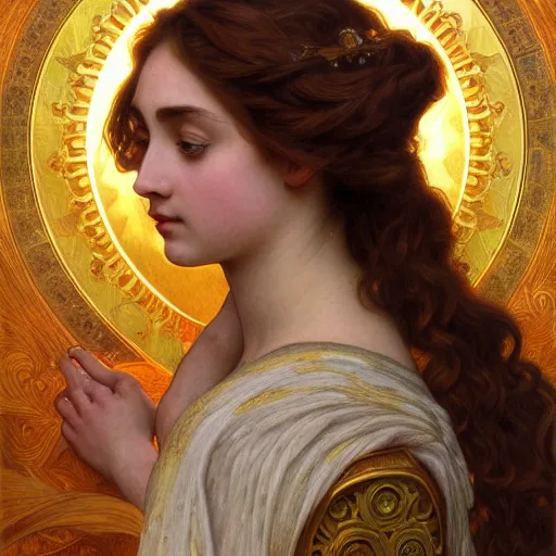 Prompt: portrait of the goddess of the sun who looks like Ana de Armas and Saoirse Ronan, D&D, fantasy, intricate, elegant, highly detailed, digital painting, artstation, smooth, sharp focus, art nouveau illustration, by Alphonse Mucha and William Adolphe Bouguereau