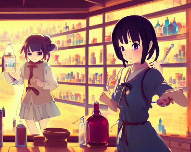 Image similar to anime visual, portrait of a young female traveler in a alchemist's potion shop interior, cute face by yoh yoshinari, katsura masakazu, cinematic luts, cold studio lighting, dynamic pose, dynamic perspective, strong silhouette, anime cels, ilya kuvshinov, cel shaded, crisp and sharp, rounded eyes