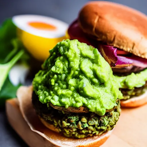 Image similar to juicy vegan hamburger topped with guacamole and fried onion and a vegan fried egg, crispy buns, 8 k resolution, professional food photography, studio lighting, sharp focus, hyper - detailed