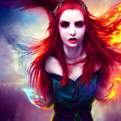 Image similar to 4k UHD photorealistic render beautiful sorceress with pale green eyes and fiery red hair summoning a demonic nightmare