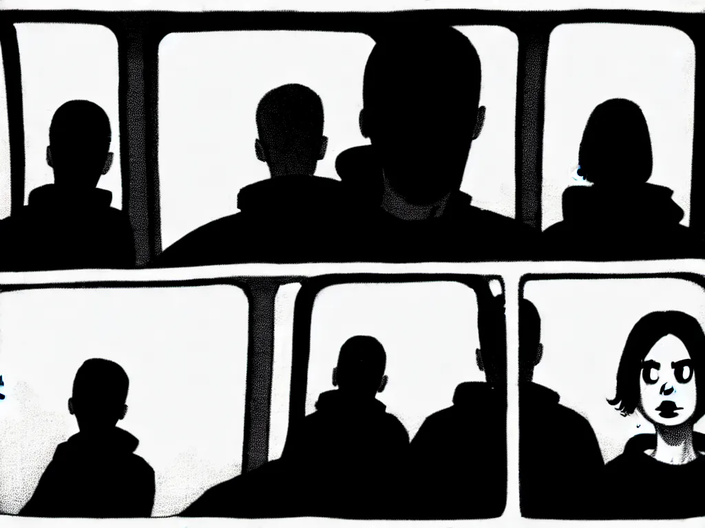 Image similar to a single comic panel by Daniel Clowes, 3/4 low angle view wide shot of two people sitting in an empty Chicago subway train, in front of windows: a sad Aubrey Plaza in a parka and a friendly Mads Mikkelsen in a suit