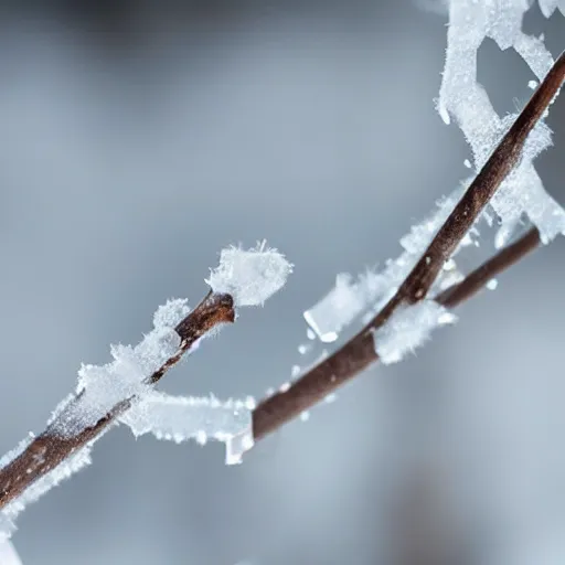 Prompt: winter closeup of a twig with many delicate ice crystals growing from it