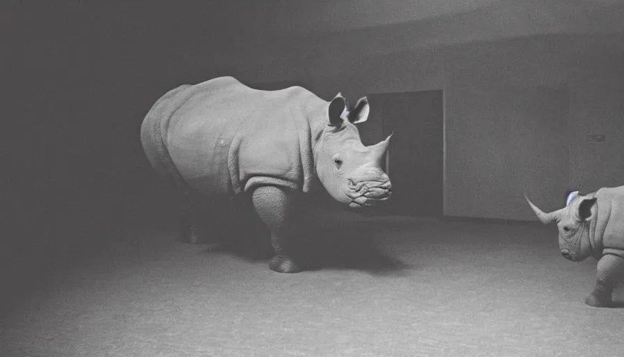 Image similar to a rhinoceros in a stalinist style room, by mini dv camera, very very low quality, heavy grain, very blurry, caught on trail cam