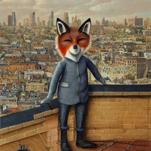 Image similar to anthropomorphic fox standing on a rooftop looking down on the city streets below, highly detailed painting