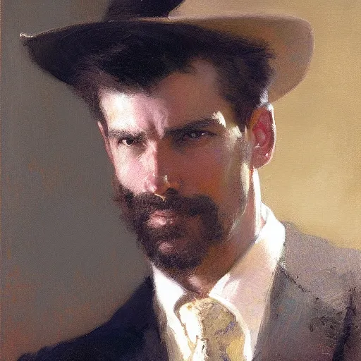 Image similar to detailed portrait of man in black suit, spring light, painting by gaston bussiere, craig mullins, j. c. leyendecker