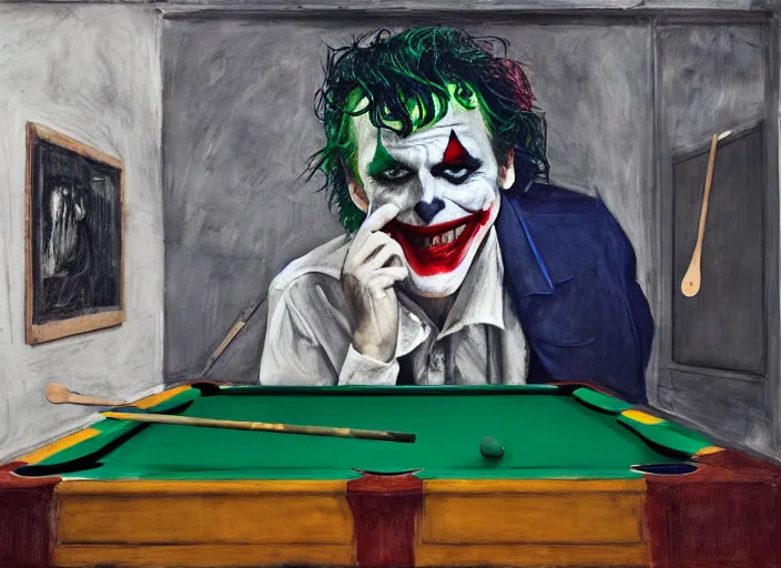 Image similar to the joker playing pool, vincent lefevre and hernan bas and pat steir and peter doig and hilma af klint, psychological, photorealistic, dripping paint, washy brush, rendered in octane, altermodern, masterpiece