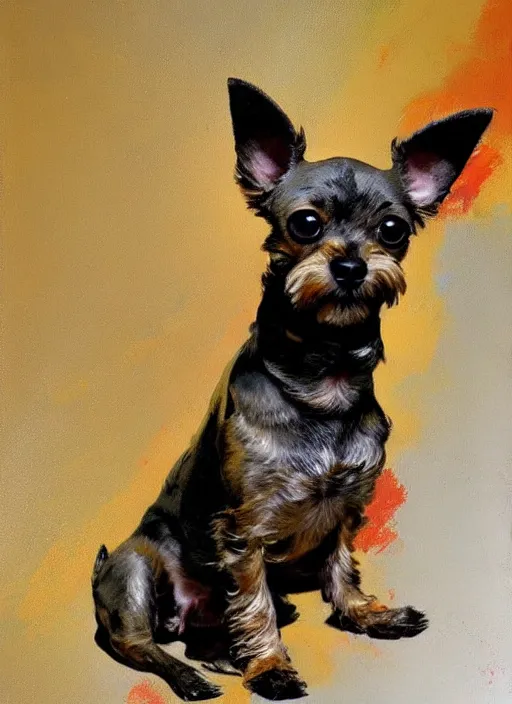 Image similar to tan schnauzer chihuahua mix, enraged, painting by phil hale, 'action lines'!!!, graphic style, visible brushstrokes, motion blur, blurry