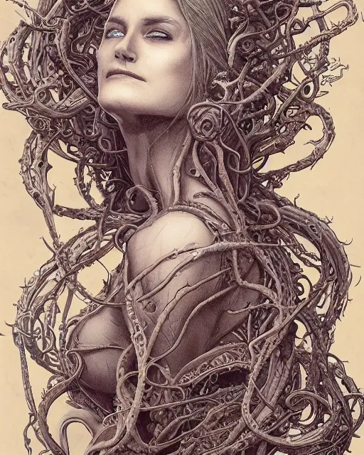 Image similar to centered beautiful detailed side view profile portrait of a insane, crazed, mad old woman with long grey hair, ornate tentacles growing around, ornamentation, thorns, vines, tentacles, elegant, beautifully soft lit, full frame, by wayne barlowe, peter mohrbacher, kelly mckernan, h r giger