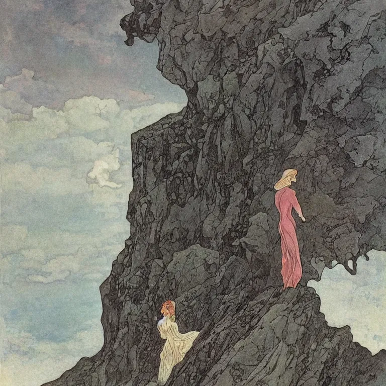 Image similar to A woman standing on a cliff, looking out at a storm Anton Pieck,Jean Delville, Amano,Yves Tanguy, Alphonse Mucha, Ernst Haeckel, Edward Robert Hughes,Stanisław Szukalski and Roger Dean