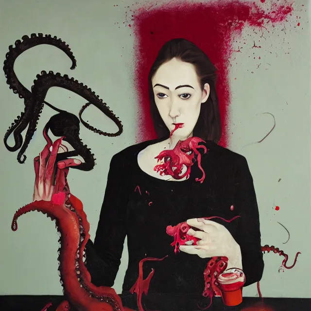 Image similar to empty room with black walls, a portrait of a female pathologist holding an octopus, wilted flowers, pomegranate, berry juice dripping, neo - expressionism, surrealism, acrylic and spray paint and oilstick on canvas