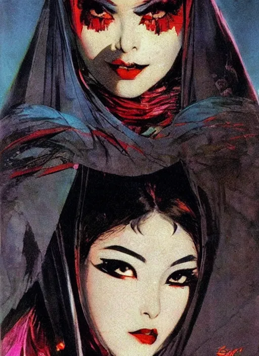 Image similar to svelt iranian korean vampiress, jeweled veil, strong line, saturated color, beautiful! coherent! by frank frazetta, high contrast, minimalism