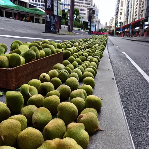 Prompt: the boulevard of broken dreams. The people have kiwifruit instead of heads