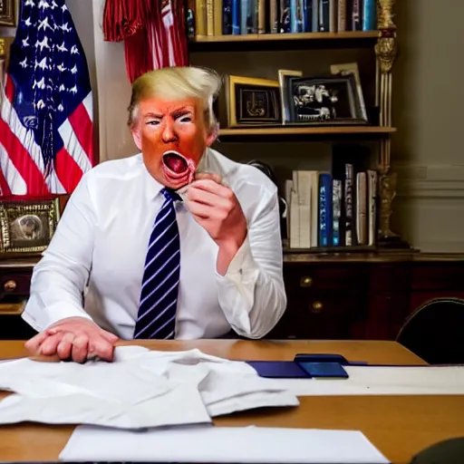 Image similar to candid portrait photo of president trump at his desk eating crumpled up papers shoving them in his mouth, detailed portrait, 4 k, megapixel, sony a 7 s, f / 8, 2 4 mm lens