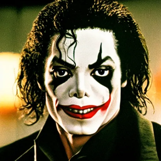 Image similar to a film still of Michael Jackson starring as The Joker, 40mm lens, shallow depth of field, split lighting, cinematic