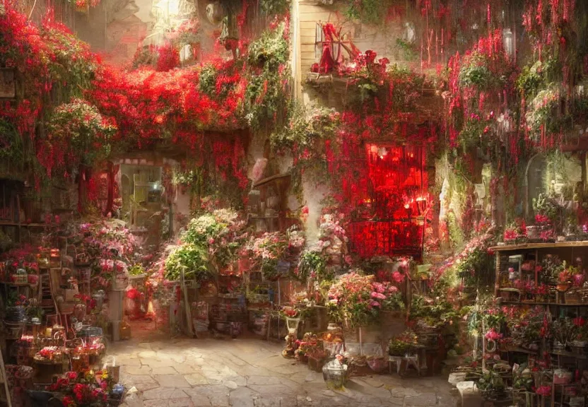 Prompt: A very detailed red flower in a cozy floral shop, a fantasy digital painting by Greg Rutkowski and James Gurney, trending on Artstation, highly detailed