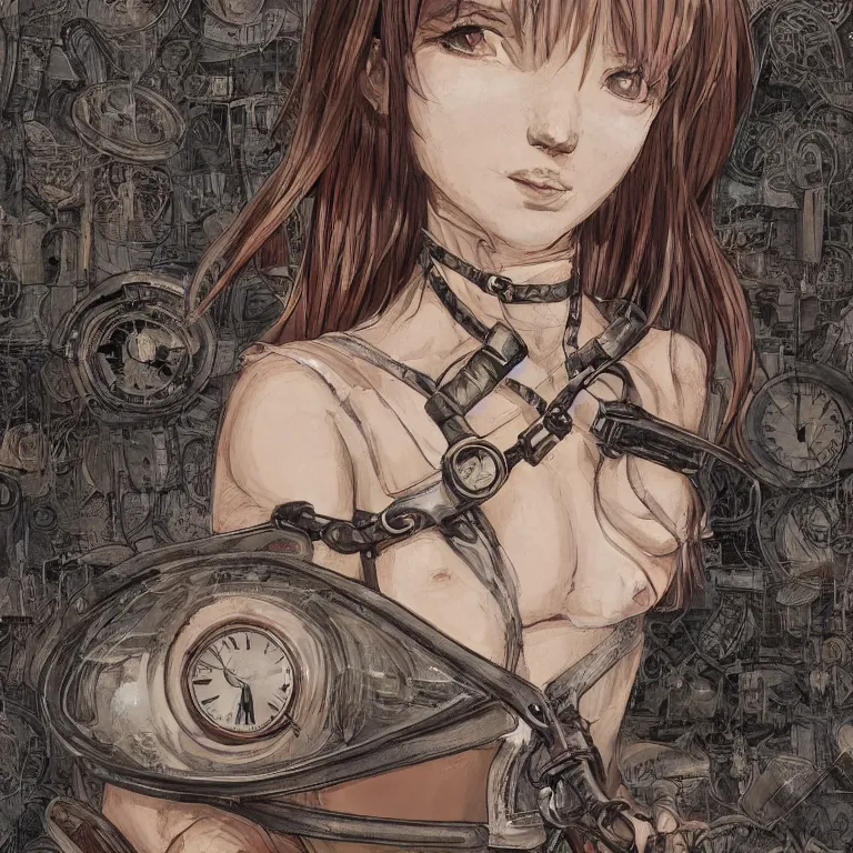 Prompt: bemused to be locked in a leather neck restraint, Tifa Lockhart in a full frame zoom up of her face and neck, looking upwards in a room of old ticking clocks, complex artistic color ink pen sketch illustration, full detail, gentle shadowing, fully immersive reflections and particle effects, concept art by Artgerm, art by Range Murata, art by Studio Ghibli