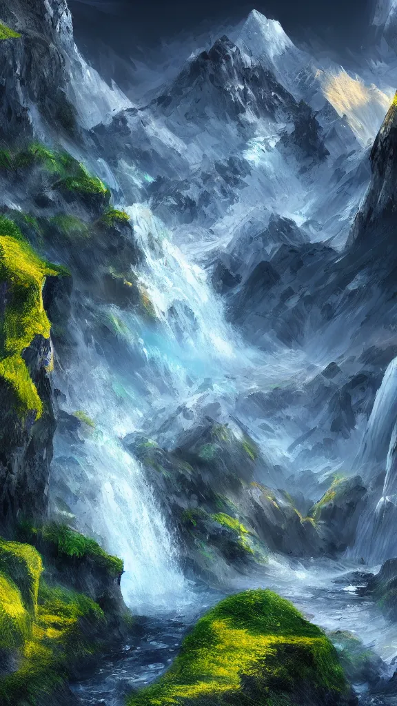 Image similar to highly detailed hd photo art of futuristic mountains and waterfall in the style of Greg Rutswoski, concept art, 8K detail post-processing