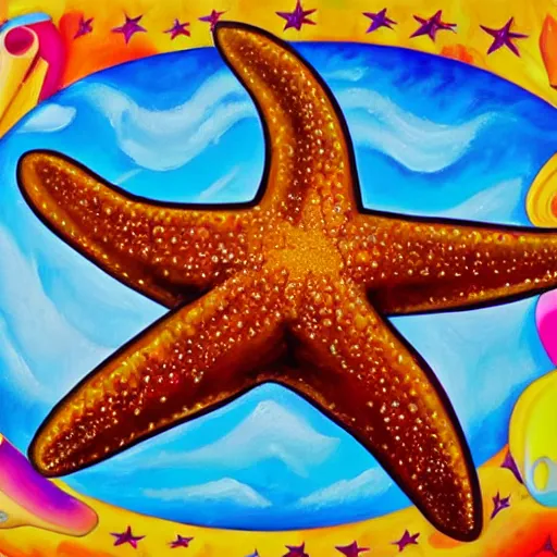 Prompt: a painting of a giant brown starfish with the words c and starfish in big letters. children in a school band playing nearby, playing instruments. realistic. ultra detailed. art by lisa frank