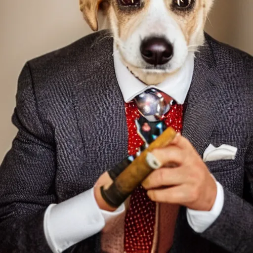 Image similar to a high detail closeup photograph of a dog wearing a suit 👔,and smoking a cigarrette🚬, award wining photograph