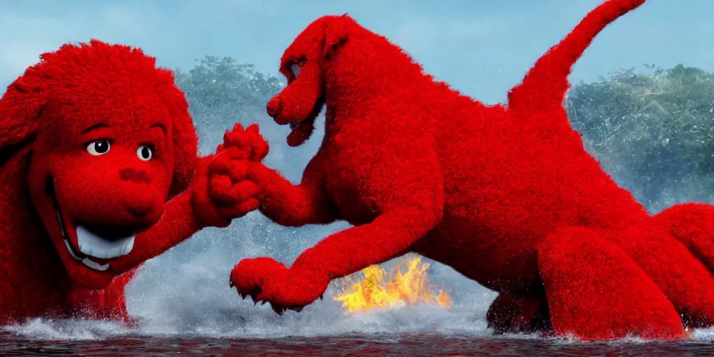 Image similar to clifford the big red dog fighting godzilla