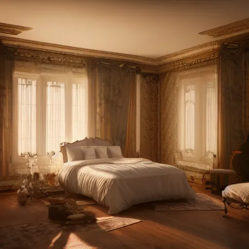 Prompt: vaporwave bedroom, beautiful detail, mansion, liminal space, high detail, rendered in unreal engine, 3d render, god rays, volumetric lighting, mansion, interior, large windows, vegetation