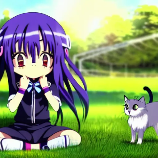 Prompt: A cute little anime girl with long indigo colored hair, wearing a school soccer uniform, in a large grassy green field, petting a cat, shining golden hour, she has detailed black and purple anime eyes, extremely detailed cute anime girl face, she is happy, child like, Japanese shrine in the background, Higurashi, black anime pupils in her eyes, Haruhi Suzumiya, Umineko, Lucky Star, K-On, Kyoto Animation