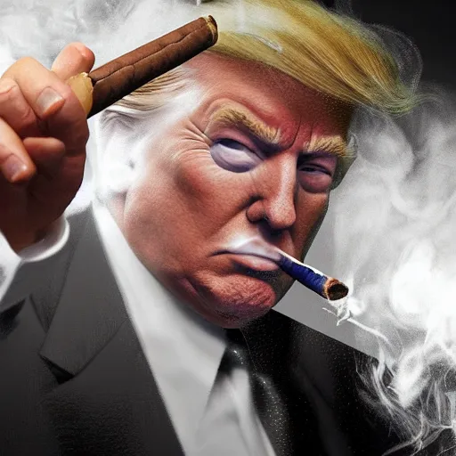 Image similar to a high quality photo of donald trump smoking a cigar, 3d scene, render, ultra realistic, artstation, cgsociety