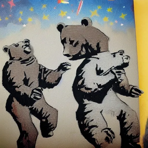 Image similar to space bears dancing to cannon in D, in the style of Banksy