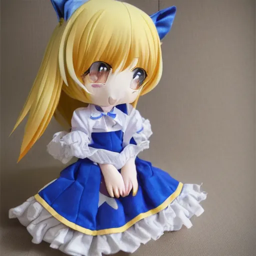 Prompt: cute fumo plush of a girl in a blue and gold patterned dress, high quality material bssrdf, vray, anime girl