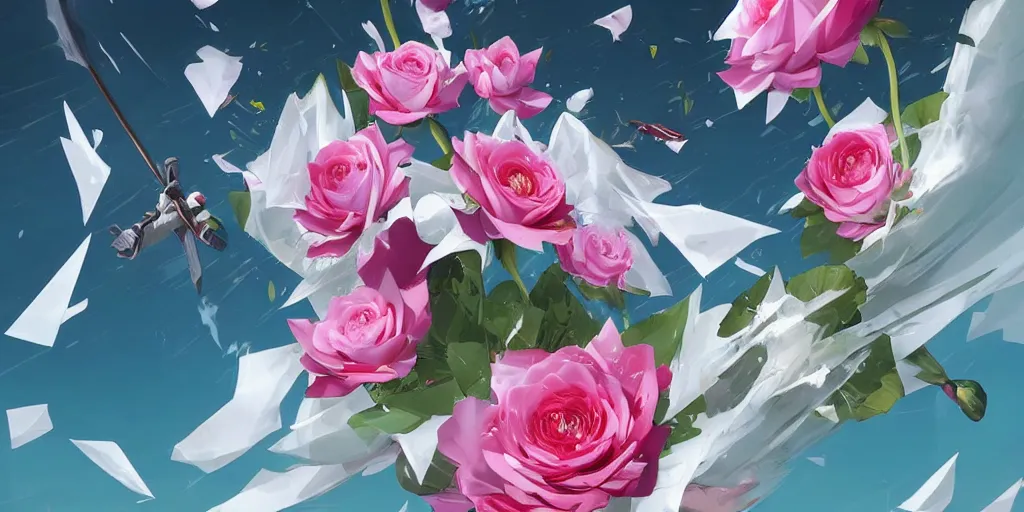 Image similar to floating flying longswords slicing through a bouquet of white and pink roses, flowers exploding and spraying, big puffy clouds, sharp rain, large rose petals, lotus petals, large polygonal background elements, large polygons, dramatic anime, dramatic lighting, artgerm, manga, trending on artstation, art nouveau, mature colors