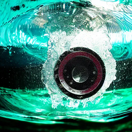 Image similar to 4 k somy a 7 wide angle photo boombox speaker half submerged in water with a wave rolling over it in hawaii at dusk with neon lighting